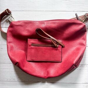 Elegant Red Vegan Leather Shoulder Bag with patch inside